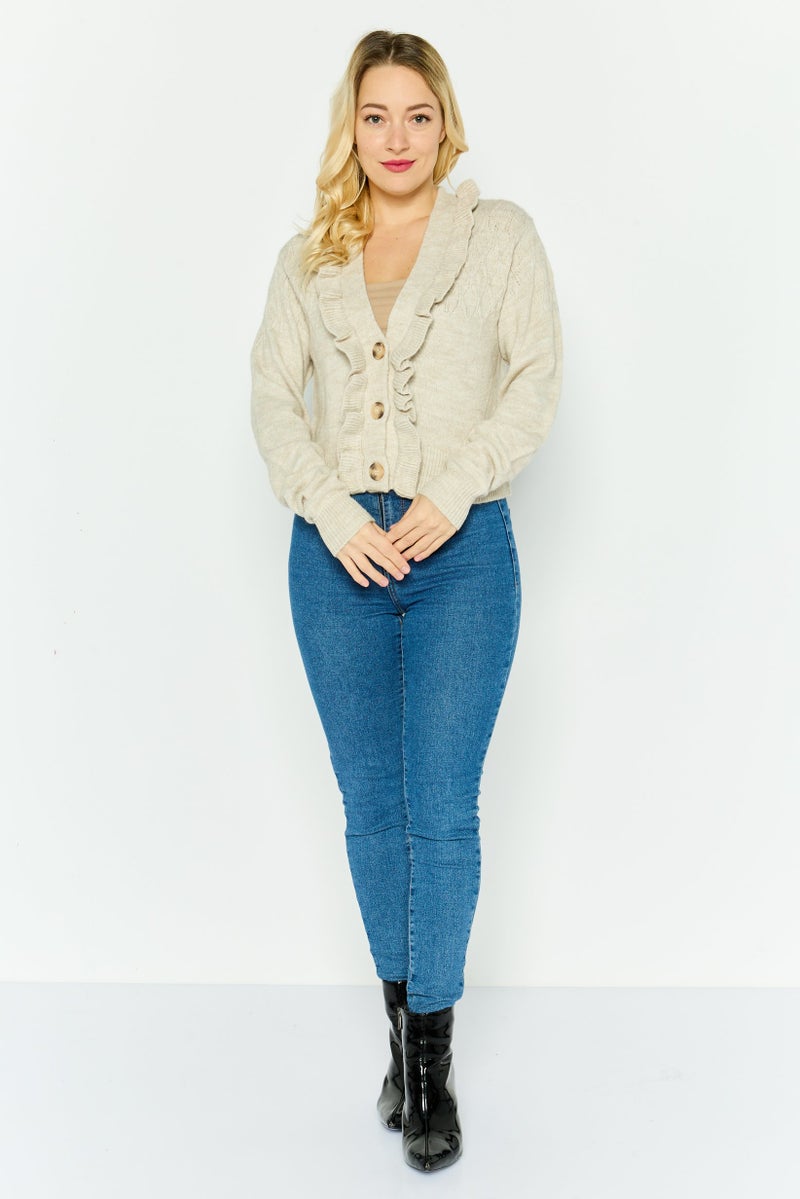 Industry Women V-Neck Textured Cardigan, Beige  - Image 3