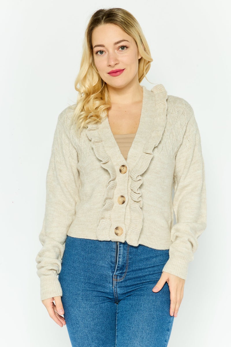 Industry Women V-Neck Textured Cardigan, Beige  - Image 1