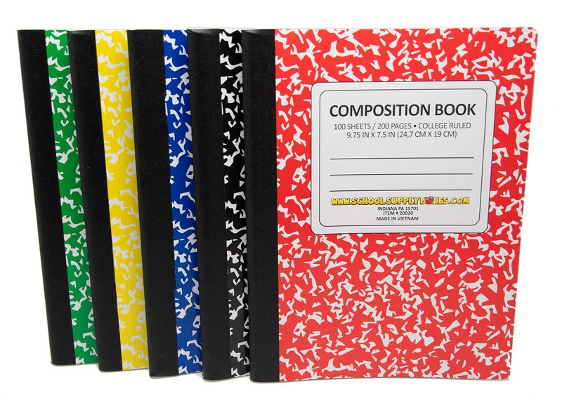 School Supply Boxes 100 Sheet Composition Notebooks - School Supply Boxes - 5 College Ruled Writing Notebooks - 1 Black, 1 Red, 1 Green, 1 Blue, and 1 Yellow (College Ruled) - Image 1
