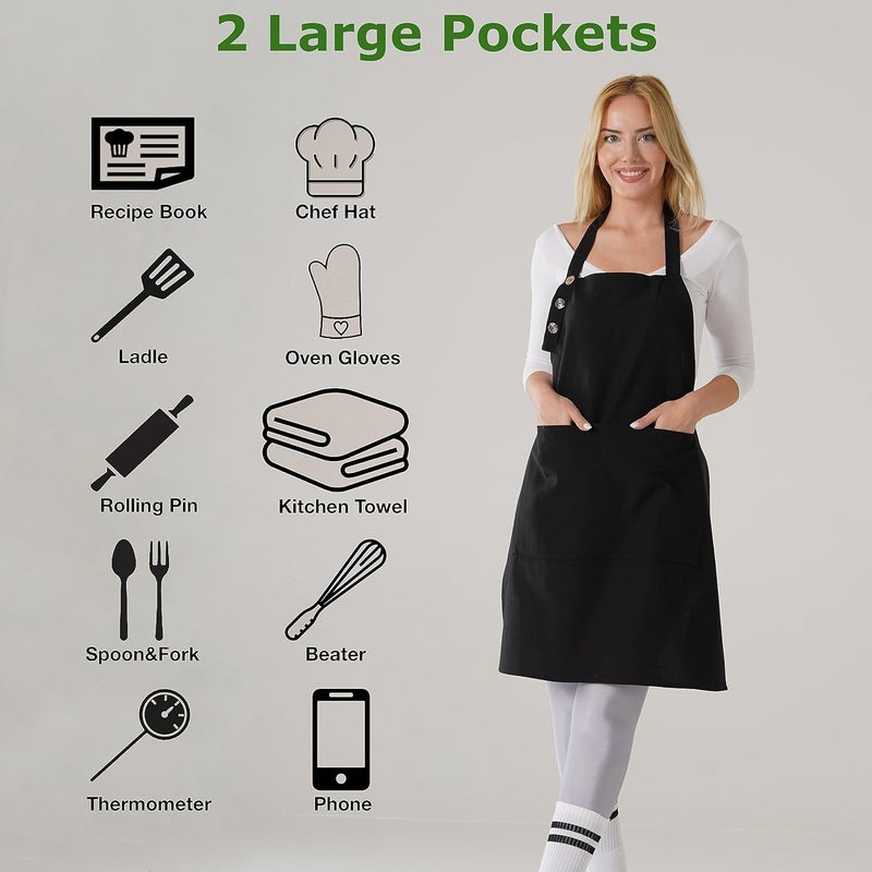 TOSHE Kitchen Apron Waterdrop Resistant Cotton Apron with adjustable Aprons for Women with Pockets 10 Color option Cooking Black Apron (Black) - Image 1