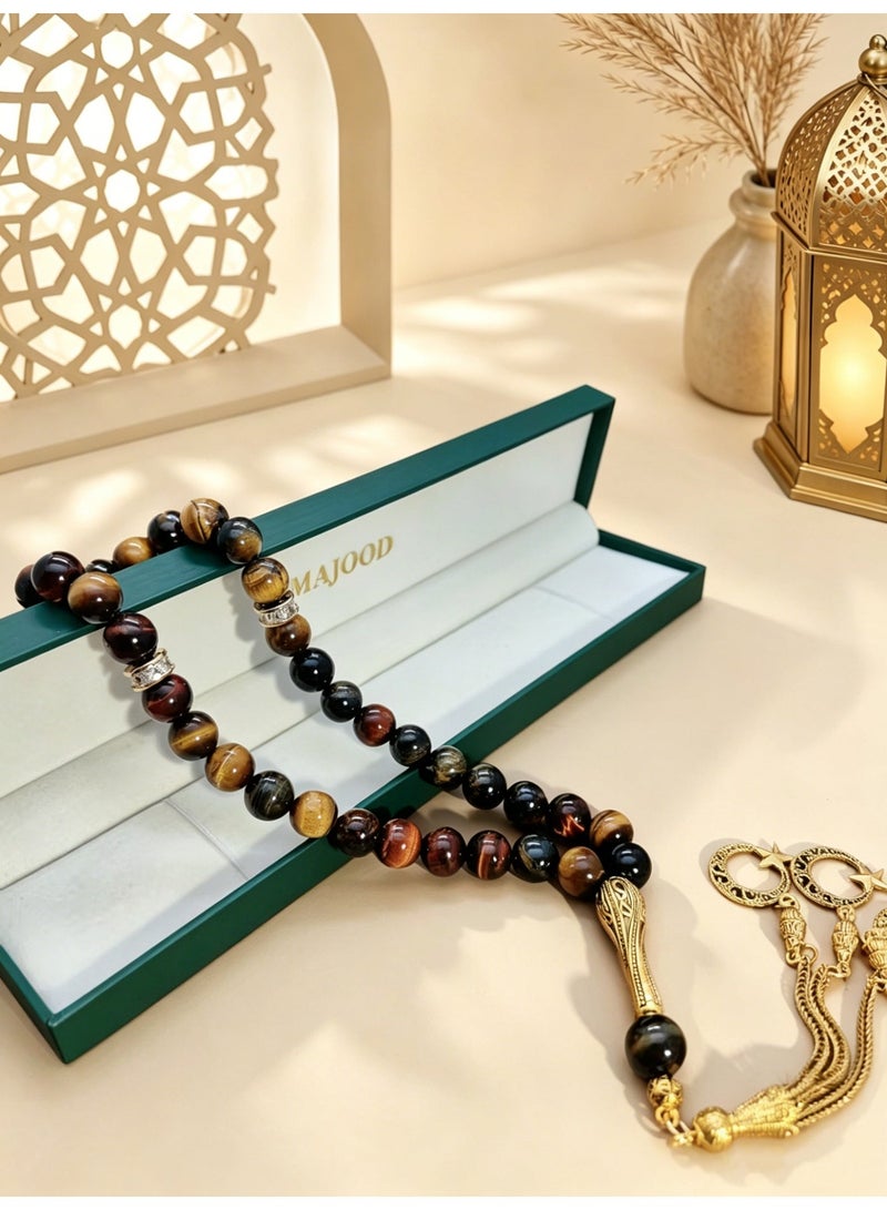 موجود MAJOOD/33 حجر عين النمر الأحمر الحقيقي المستدير للصلاة/مسبحة/10 مم/للرجال والنساء - Image 5