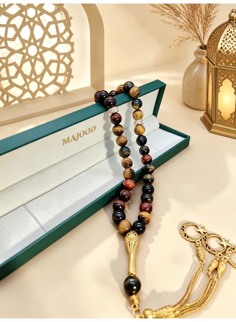 موجود MAJOOD/33 حجر عين النمر الأحمر الحقيقي المستدير للصلاة/مسبحة/10 مم/للرجال والنساء - Image 3