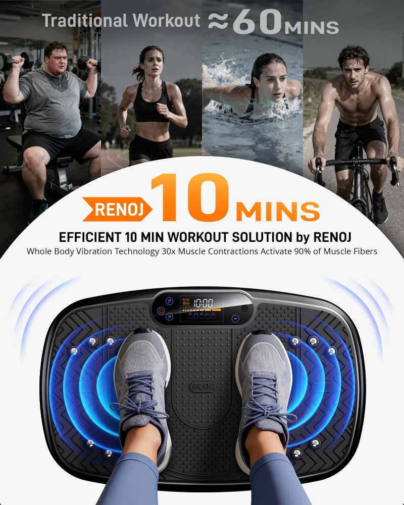 RenoJ Vibration Plate Exercise Machine for Weight Loss and Lymphatic Drainage - Vibrating Platform for Home Gym Workout with Speaker, Full Body Shaker Fitness Equipment with 2 Bands for Women Men - Black - Image 4