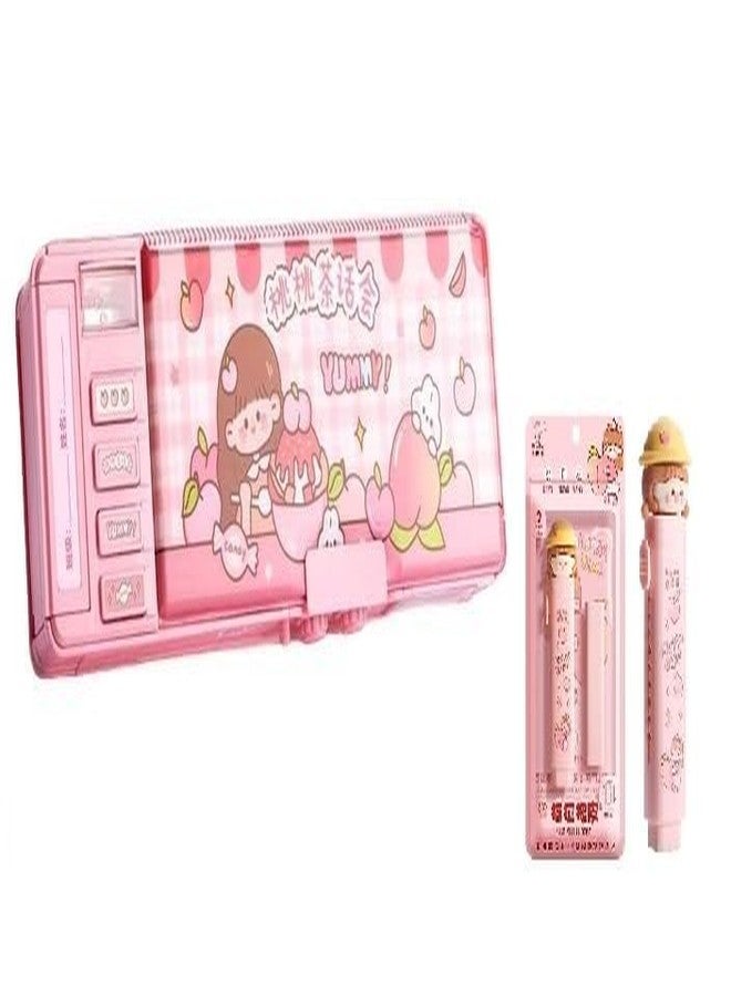 Funspark Pink Yummy Theme Push-Button Pencil Box for Kids with Multi Compartments | Cute Hardtop Stationery Case + Character Push-Pull Eraser | Durable Pencil Pouch for Girls & Students - Image 1