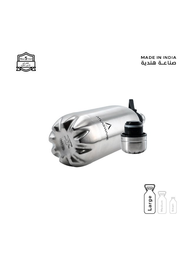 Atlasware Water Bottle with a Capacity of 1350 ml, Stainless Steel Water Bottle that keeps Cold for 82 Hours and Keeps Heat for 34 Hours, Silver  - Image 4
