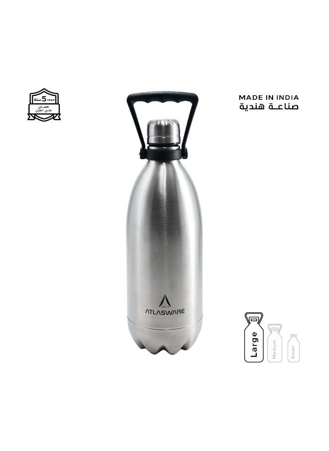 Atlasware Water Bottle with a Capacity of 1350 ml, Stainless Steel Water Bottle that keeps Cold for 82 Hours and Keeps Heat for 34 Hours, Silver  - Image 1