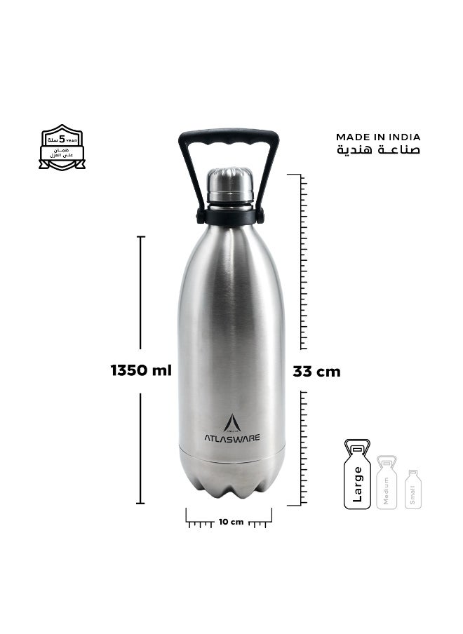 Atlasware Water Bottle with a Capacity of 1350 ml, Stainless Steel Water Bottle that keeps Cold for 82 Hours and Keeps Heat for 34 Hours, Silver  - Image 2