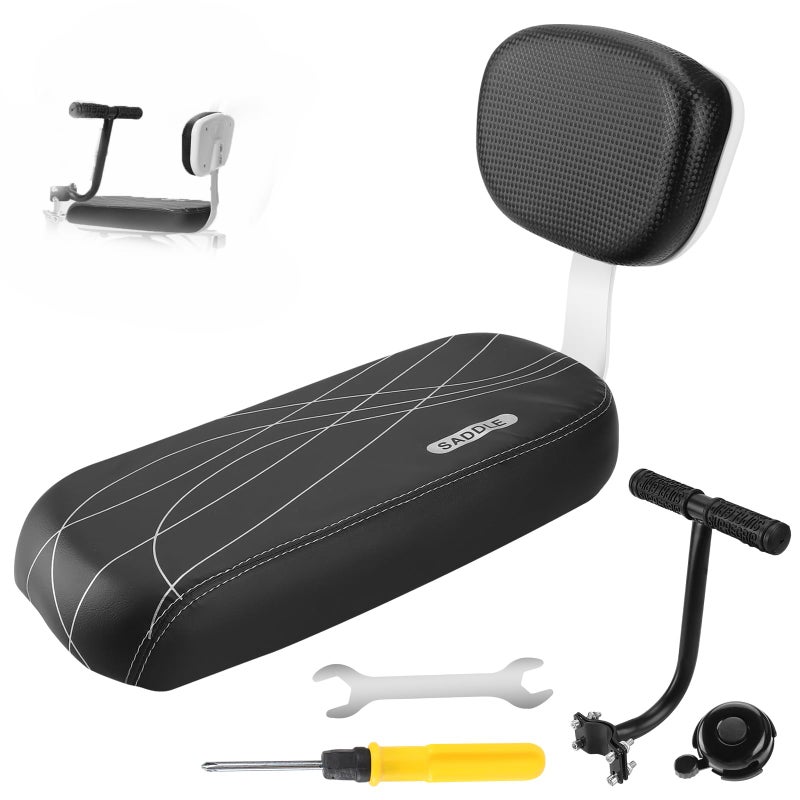 Shwsed Kids Bike Seat with Backrest, Child Bicycle Rear Seat Cushion with Safety Armrest, PU Leather Soft Padded Passenger Saddle for E-Bike Mountain Bike, Fits Kids Over 5 Years Old - Image 1