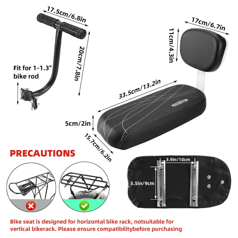 Shwsed Kids Bike Seat with Backrest, Child Bicycle Rear Seat Cushion with Safety Armrest, PU Leather Soft Padded Passenger Saddle for E-Bike Mountain Bike, Fits Kids Over 5 Years Old - Image 2