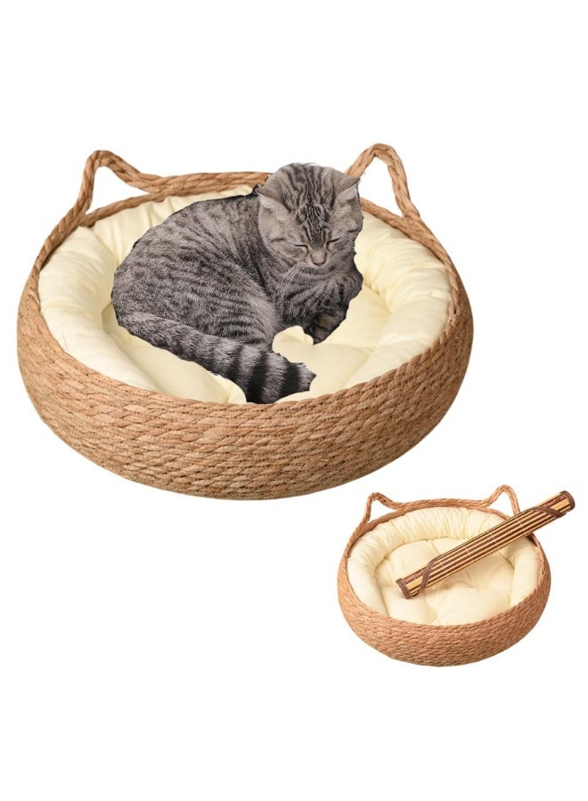 XiuWoo Natural Rattan Round Cat Bed with Washable Cushion - Handwoven Pet House for Cats/Small Dogs, Durable Scratching Board Design, Removable & Washable - Image 1