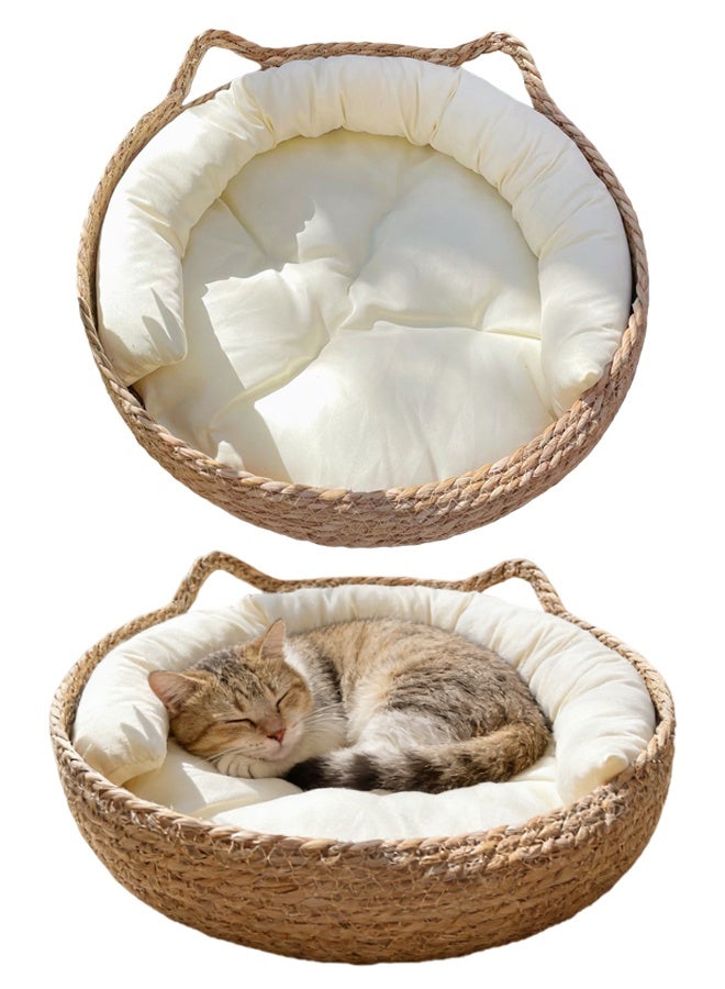 XiuWoo Cat Nest Natural Rattan Round Cat Bed Cats House with Washable Cushion - Handwoven Pet House for Cats/Small Dogs, Durable Scratching Board Design - Image 1