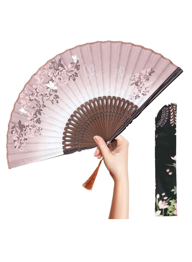 SYOSI Azonee Folding Fans Women Hand Held Silk with Bamboo Frame with a Fabric Sleeve for Protection for Gifts Chinese Japanese Style Butterflies and Morning Glory Flowers Pattern 8.27" 21cm Brown - Image 1