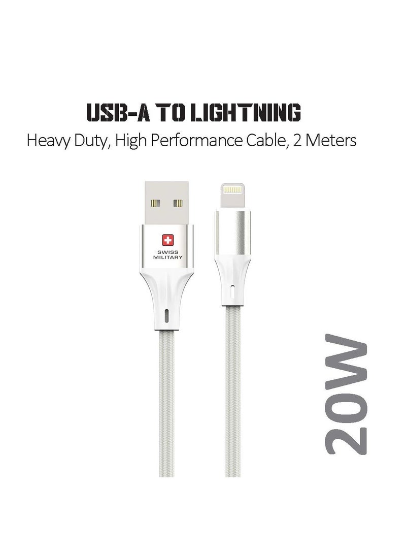SWISS MILITARY USB to Lightning 2M Braided Cable, 20 W Output Capacity with Heat resistant insulated coating,Compatible for iPhone 13 Pro/13 Pro Max/13/13 mini, New iPad 9 iPad Pro 10.5""/12.9""-White - Image 1