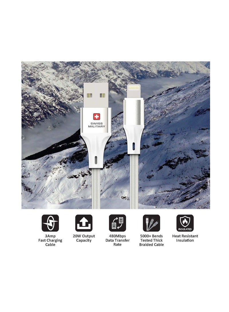 SWISS MILITARY USB to Lightning 2M Braided Cable, 20 W Output Capacity with Heat resistant insulated coating,Compatible for iPhone 13 Pro/13 Pro Max/13/13 mini, New iPad 9 iPad Pro 10.5""/12.9""-White - Image 2