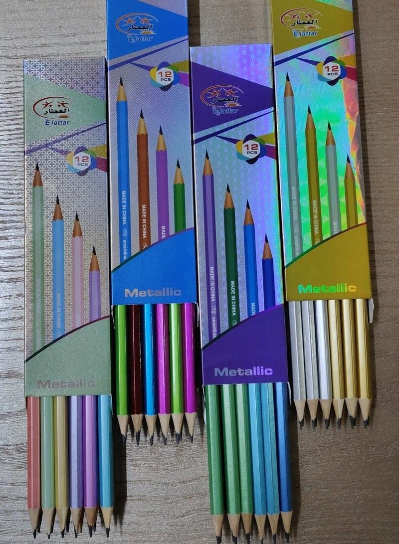 قلم رصاص اتش بي ميتالك   باستيكة 4 علبة مجموع 48 قلم الوان مختلفة لامع - Image 1