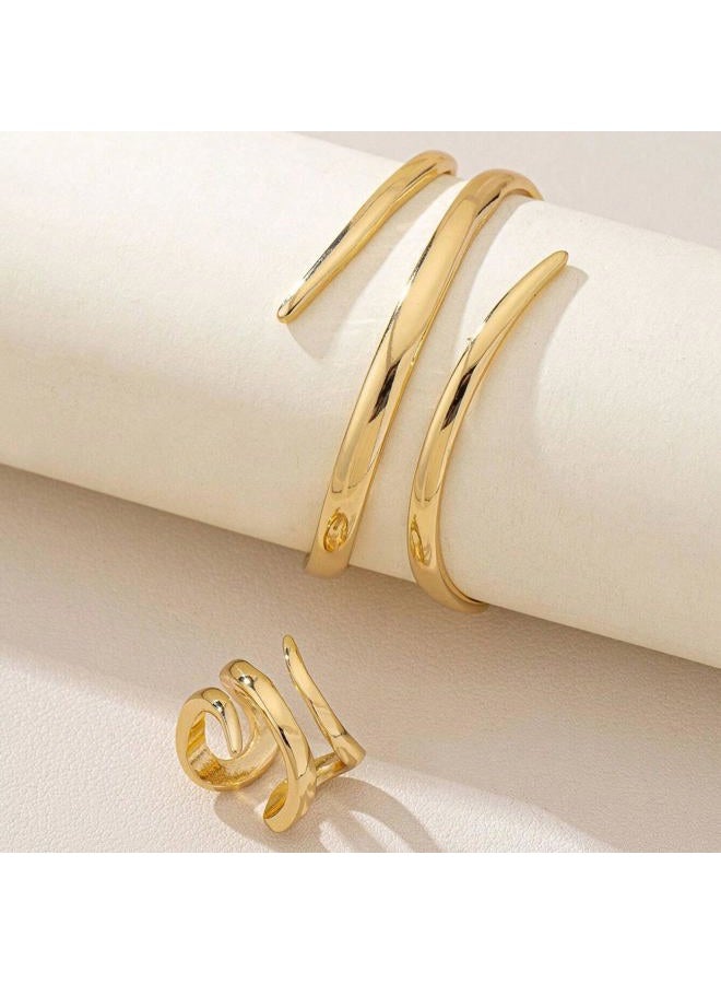 Decixde Bangle Ring Set Chunky Gold Bangle Bracelet And Ring Statement Jewelry Set for Women, adjustable, Metal, No Gemstone - Image 5