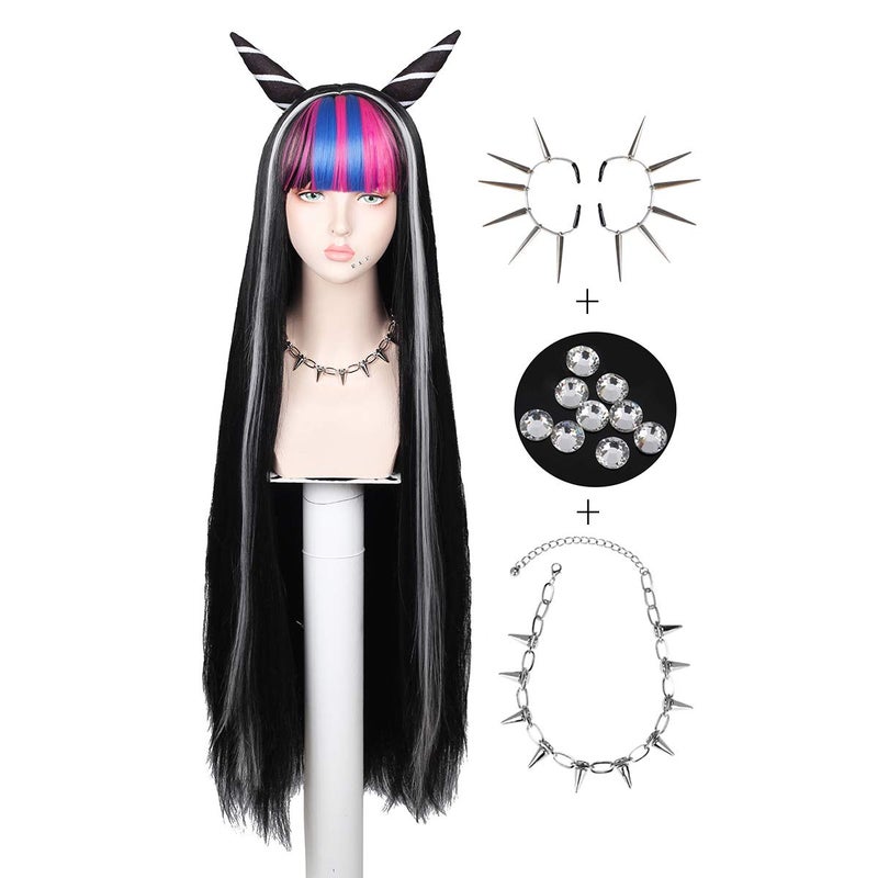 ColorGround Necklace and Earings Wig Set Long Black Cosplay Wig for Halloween Ibuki