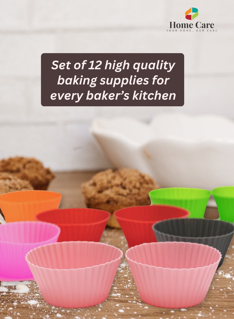 Home Care Silicone Cupcake Mold [Set of 12] – Baking Tools, Reusable Silicone Cake Liner in 6 Unique Colors, Silicone Cupcake Liner, Food-Grade Non-Stick Muffin Liners for Baking | Baking Accessories - Image 2