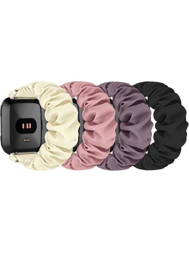 ShuYo Scrunchie Watch Bands for Fitbit Versa/Versa 2 / Versa Lite/Versa SE Women Men,Replacement Soft Nylon Stretchy Wristabnd For Fitbit Versa Smart Watch (Black+Starlight+Smoky purple+Pink, 23mm L) - Image 1