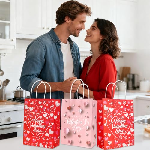 eowqeiur Valentines Gift Bags 12 PCS Valentine Paper Bags with Handles for Gifts Treat Goodie Candy Snack Goody Cookie Wrap Galentines Valentines Day Party Favors Supplies Decorations Kids Class Baggies Pouch - Image 4