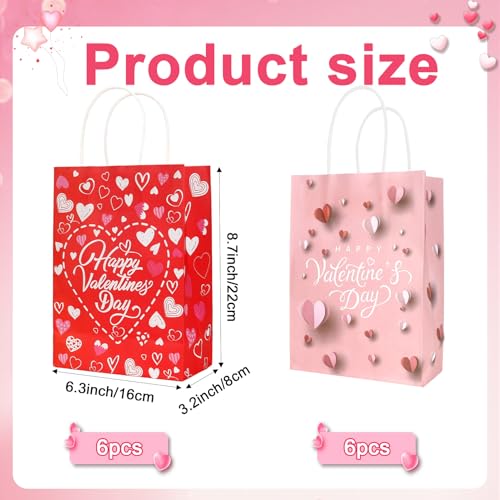 eowqeiur Valentines Gift Bags 12 PCS Valentine Paper Bags with Handles for Gifts Treat Goodie Candy Snack Goody Cookie Wrap Galentines Valentines Day Party Favors Supplies Decorations Kids Class Baggies Pouch - Image 2