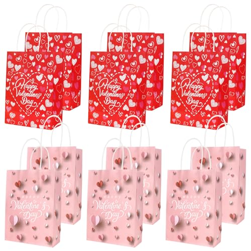 eowqeiur Valentines Gift Bags 12 PCS Valentine Paper Bags with Handles for Gifts Treat Goodie Candy Snack Goody Cookie Wrap Galentines Valentines Day Party Favors Supplies Decorations Kids Class Baggies Pouch - Image 1
