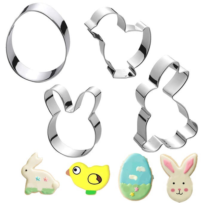 EASTER COOKIE CUTTER SET 4 STAINLESS STEEL CUTTERS 4 DIFFERENT SHAPES INCLUDING EGGS CHICKS BUNNIES AND BUNNY FACES TO HELP YOU MAKE THE PERFECT EASTERTHEMED COOKIES