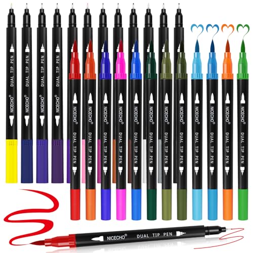 Nicecho 24 Colors Dual Tip Art Markers Pens for Adult Coloring Books, Brush and Fineliner Tip Art Suppliers for Journaling Note Taking Lettering - Image 1