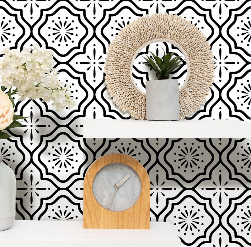 Sevalo Black White Peel and Stick Wallpaper Boho Contact Paper for Cabinets Black and White Geometric Contact Paper Self-Adhesive Removable Wallpaper Kitchen Drawer Liner Waterproof 17.5inW 393inL - Image 1