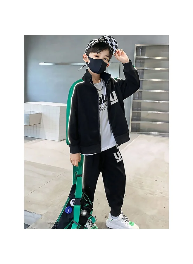 ليتل سربرايز بوكس Casual Black With Green Borer 2Pcs Track Suit Set For Kids & Tweens