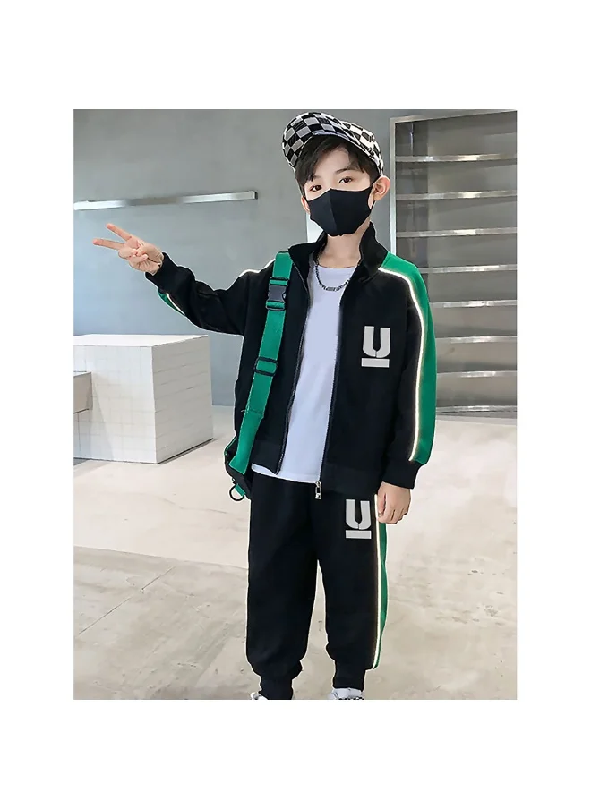 صندوق المفاجآت الصغيرة Casual Black With Green Borer 2Pcs Track Suit Set For Kids & Tweens