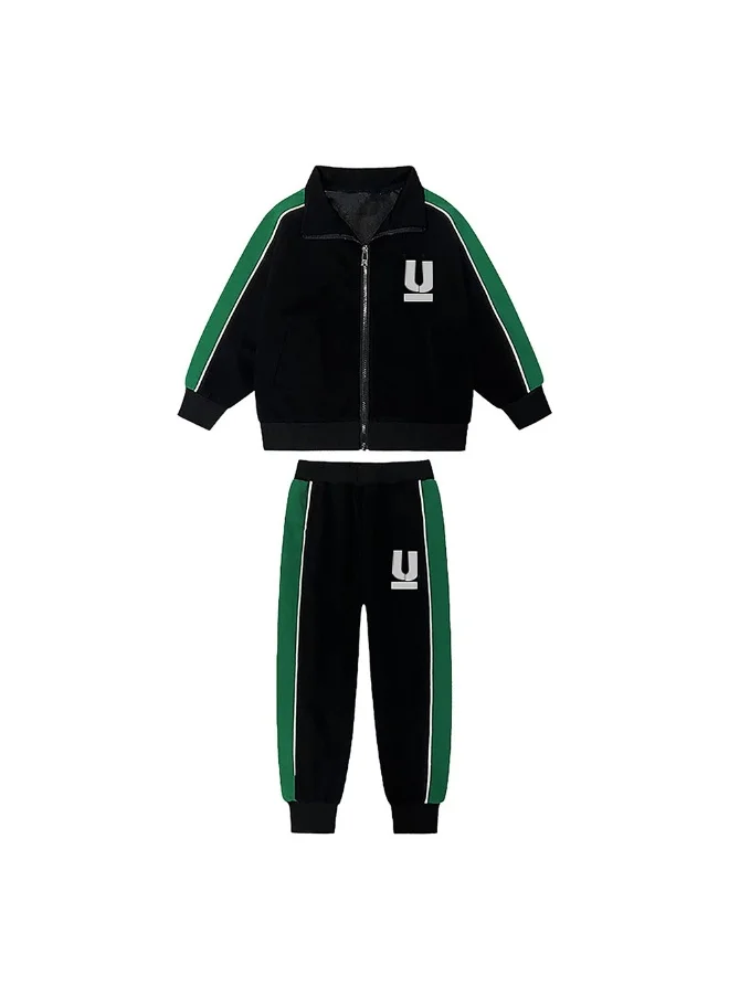 LITTLE SURPRISE BOX Casual Black With Green Borer 2Pcs Track Suit Set For Kids & Tweens-10-11Y