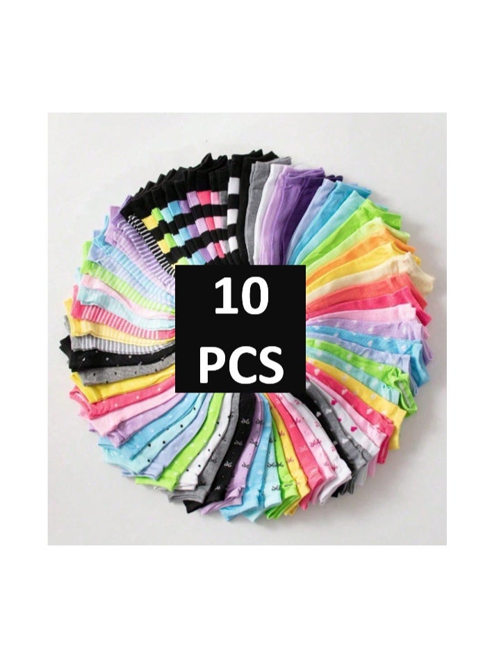 10 Pairs Kids Short Socks – Candy Colors, Lace Bows, Heart & Stripe Patterns (Random Colors 12–16) - Image 1
