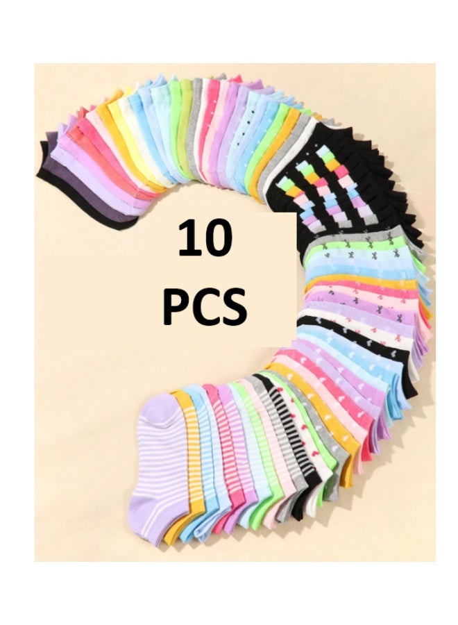 10 Pairs Kids Short Socks – Candy Colors, Lace Bows, Heart & Stripe Patterns (Random Colors 12–16) - Image 5