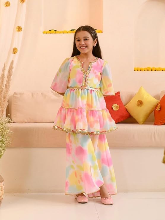 Naixa Girls Multicolor Printed Georgette Sharara And Choli Set | Kurta Sharara Set for kids, Girls | Top and Sharara Set for girls | Salwar Suit Set (SE46_5-6 YEAR) - Image 4