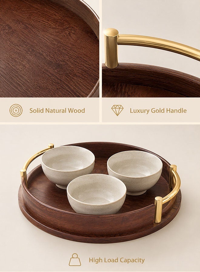 WINEENEE Round Bamboo Serving Tray with Gold Handles for Arabic Coffee & Dates, Wooden Hospitality Tray for Ramadan, Majlis, Tea Serving & Home Decor – 29.5CM - Image 3