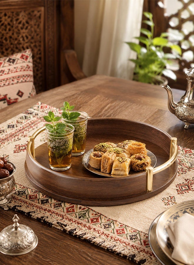 WINEENEE Round Bamboo Serving Tray with Gold Handles for Arabic Coffee & Dates, Wooden Hospitality Tray for Ramadan, Majlis, Tea Serving & Home Decor – 29.5CM - Image 4