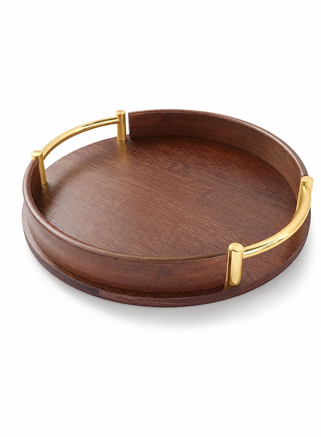 WINEENEE Round Bamboo Serving Tray with Gold Handles for Arabic Coffee & Dates, Wooden Hospitality Tray for Ramadan, Majlis, Tea Serving & Home Decor – 29.5CM - Image 1