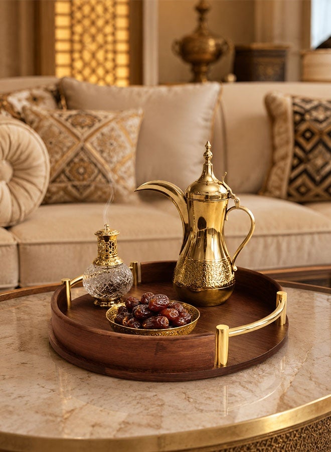 WINEENEE Round Bamboo Serving Tray with Gold Handles for Arabic Coffee & Dates, Wooden Hospitality Tray for Ramadan, Majlis, Tea Serving & Home Decor – 29.5CM - Image 2