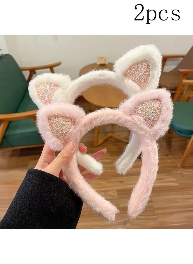 YJ 2-Piece Cat Ears Hair Band, Women Girls Lovely Cat Faux Plush Fur Ears Cat Ear Hairband Hair Clip Hair Hoop for Daily Wearing and Party Decoration - Image 1