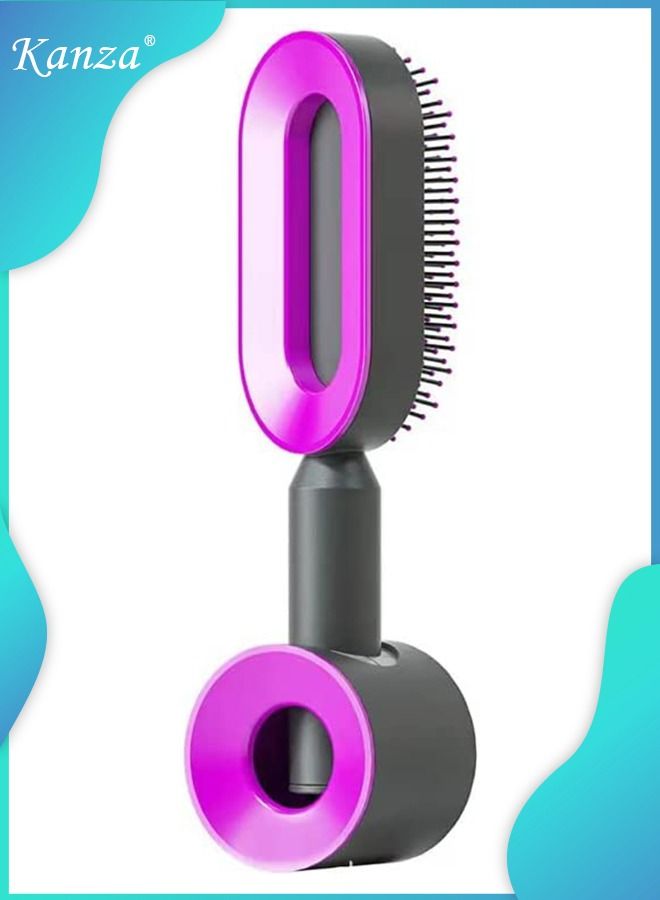 Kanza فرشاة شعر مجعد ذاتية التنظيف مع حامل وفرشاة فك التشابك للشعر المجعد وفرشاة شعر الاستحمام الرطب وفرشاة فك تشابك الشعر للشعر الكثيف وفرشاة تحديد وفك تشابك الشعر الرطب باللون الأرجواني - Image 1