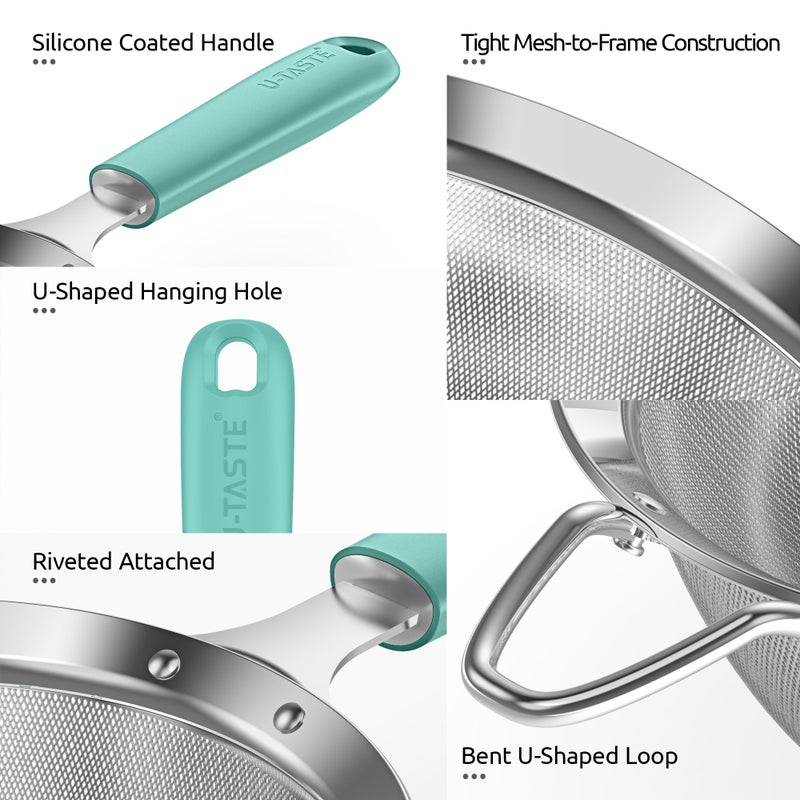 U-Taste Small Fine Mesh Strainer: 18/8 Stainless Steel 3.35in 30 Mesh Kitchen Food Sieve with Sturdy Riveted Silicone Handle, Heavy Duty Deep Handheld Metal Colander for Tea, Juice (Aqua Sky) - Image 5