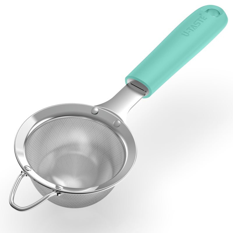 U-Taste Small Fine Mesh Strainer: 18/8 Stainless Steel 3.35in 30 Mesh Kitchen Food Sieve with Sturdy Riveted Silicone Handle, Heavy Duty Deep Handheld Metal Colander for Tea, Juice (Aqua Sky) - Image 1