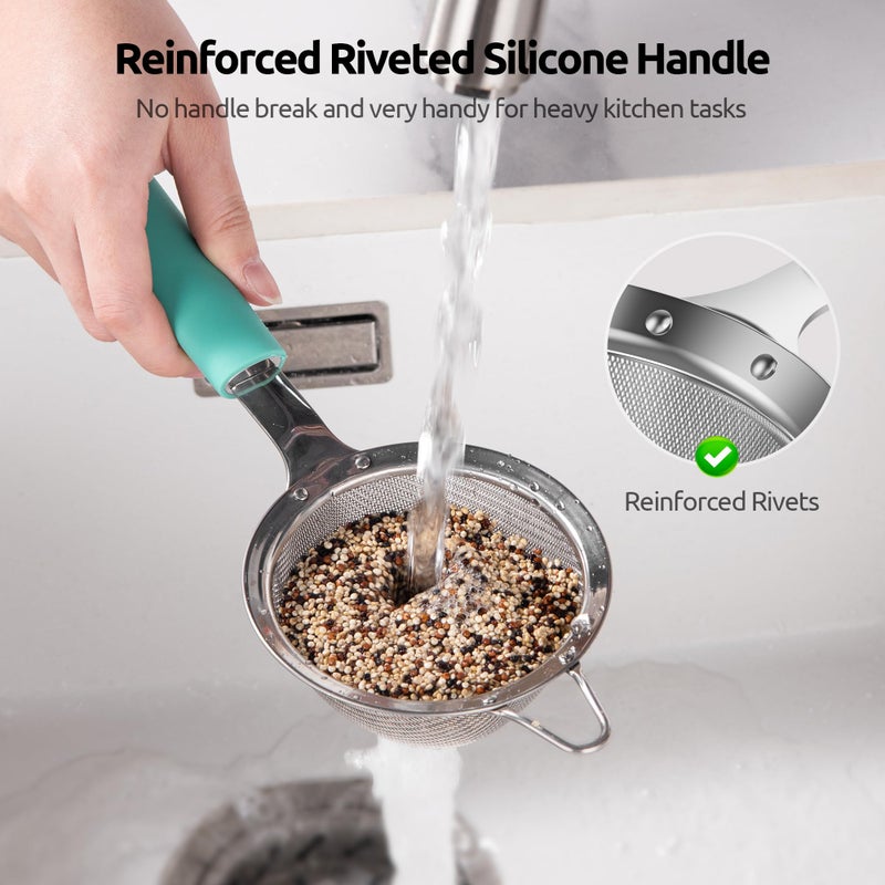 U-Taste Small Fine Mesh Strainer: 18/8 Stainless Steel 3.35in 30 Mesh Kitchen Food Sieve with Sturdy Riveted Silicone Handle, Heavy Duty Deep Handheld Metal Colander for Tea, Juice (Aqua Sky) - Image 3