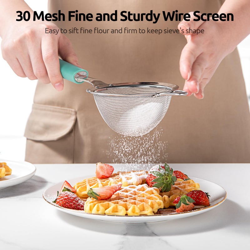 U-Taste Small Fine Mesh Strainer: 18/8 Stainless Steel 3.35in 30 Mesh Kitchen Food Sieve with Sturdy Riveted Silicone Handle, Heavy Duty Deep Handheld Metal Colander for Tea, Juice (Aqua Sky) - Image 4