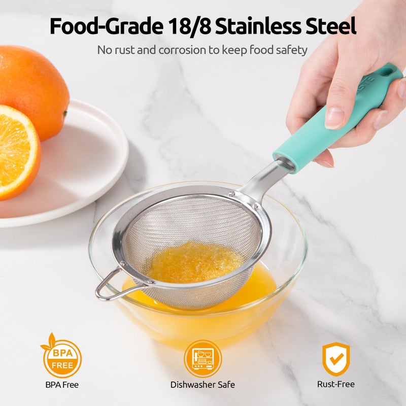 U-Taste Small Fine Mesh Strainer: 18/8 Stainless Steel 3.35in 30 Mesh Kitchen Food Sieve with Sturdy Riveted Silicone Handle, Heavy Duty Deep Handheld Metal Colander for Tea, Juice (Aqua Sky) - Image 2