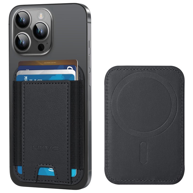 HiWe for MagSafe Wallet, Strongest Magnetic Wallet for iPhone 16/15/14/13/12 Series, 7 Cards Holder, Magnetic Phone Wallet, Leather Minimalist Slim RFID for iPhone Wallet, 1 Slot, Black & Black - Image 1