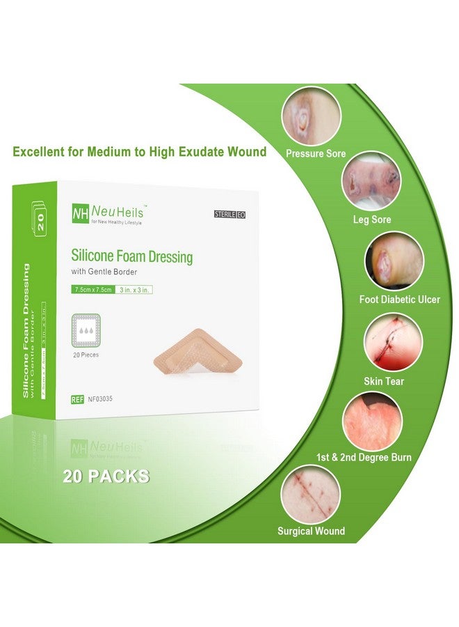 NEUHEILS NeuHeils Silicone Foam Dressing with Gentle Border 3''x3'', 20 Packs for Bed Sore Pressure Ulcer, High Absorbency Waterproof Silicone Wound Bandage Patch - Image 1
