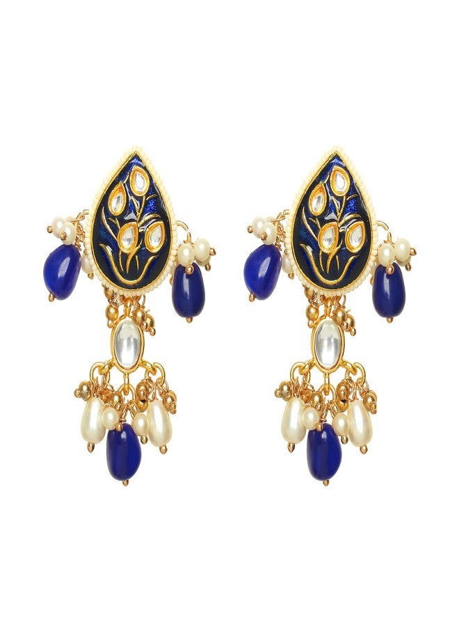 SANJOYA by EVERSTYLISH Kundan Earrings for Women | Royal Blue & Gold Drop Earrings with Pearl & Bead Accents | Ethnic Jewelry for Weddings, Festivals & Special Occasions - Image 1