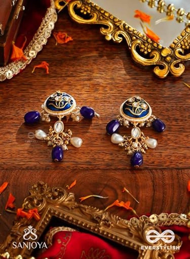 SANJOYA by EVERSTYLISH Kundan Earrings for Women | Royal Blue & Gold Drop Earrings with Pearl & Bead Accents | Ethnic Jewelry for Weddings, Festivals & Special Occasions - Image 4